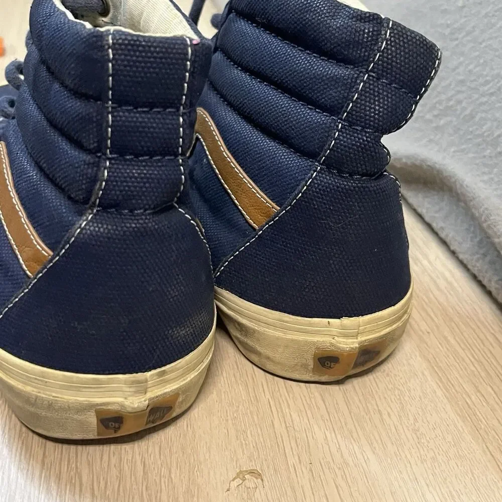 Vans SK8-Hi Navy Blue High Top Sneakers Tan Leather Stripe Skate Shoes Mens 8.5